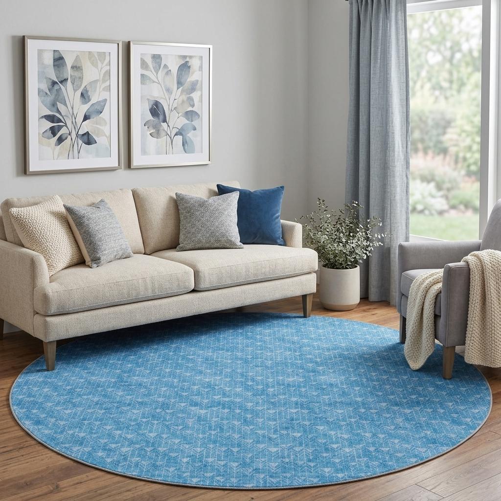 8' Blue And Denim Blue Geometric Shag Washable Round Rug With UV Protection - HomeRoots - Flyclothing LLC