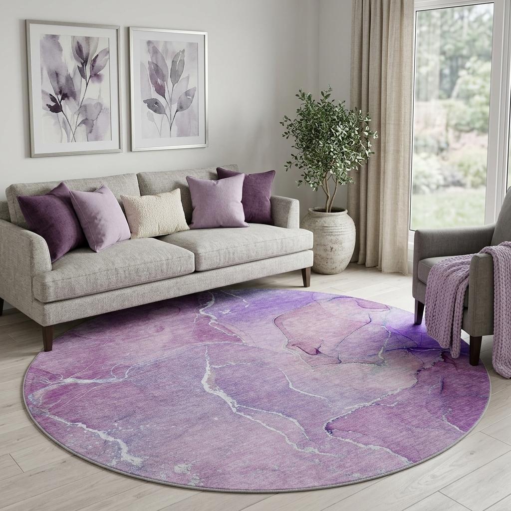 8' Purple And Lavender Abstract Shag Washable Round Rug With UV Protection - HomeRoots - Flyclothing LLC