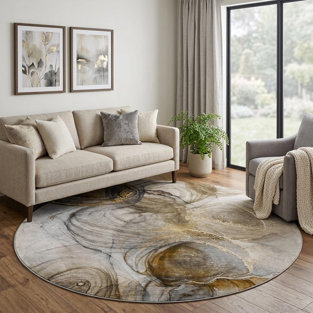 8' Brown And Ivory Abstract Shag Washable Round Rug With UV Protection - HomeRoots - Flyclothing LLC