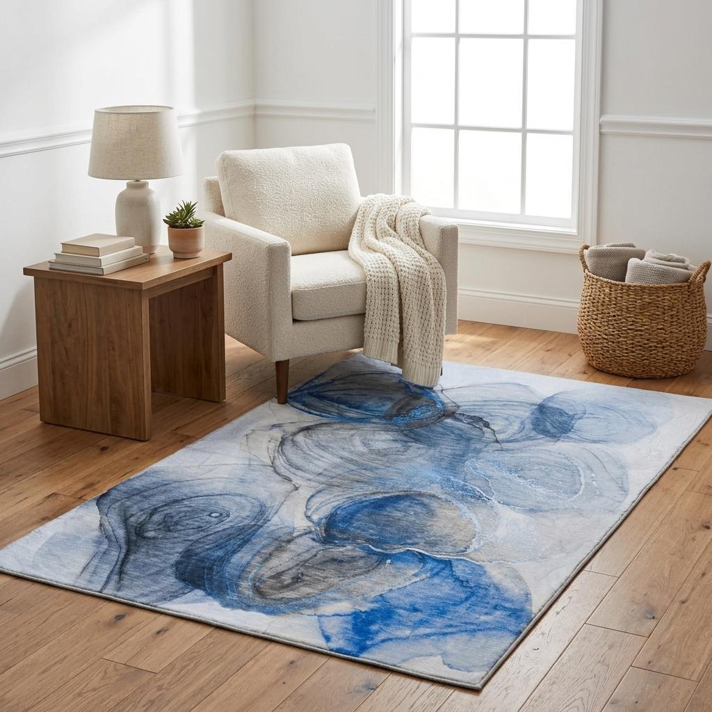 5' X 8' Navy Blue And Denim Blue Abstract Shag Washable Area Rug With UV Protection - HomeRoots - Flyclothing LLC
