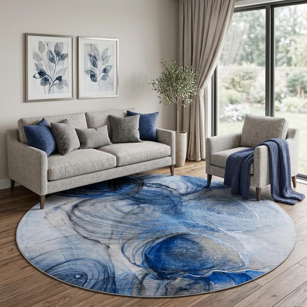 8' Navy Blue And Denim Blue Abstract Shag Washable Round Rug With UV Protection - HomeRoots - Flyclothing LLC