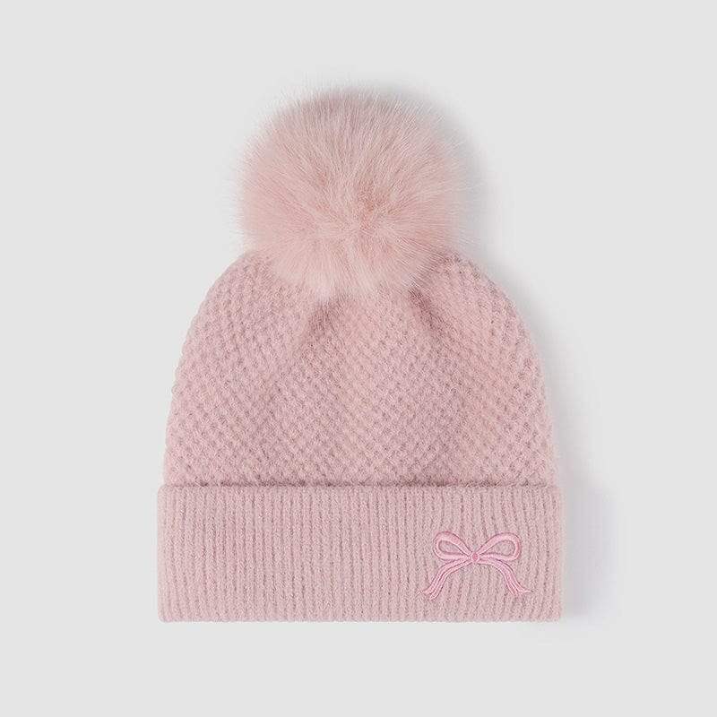 Thermal Bow Knit Hat with Pompom - Trendsi - Flyclothing LLC