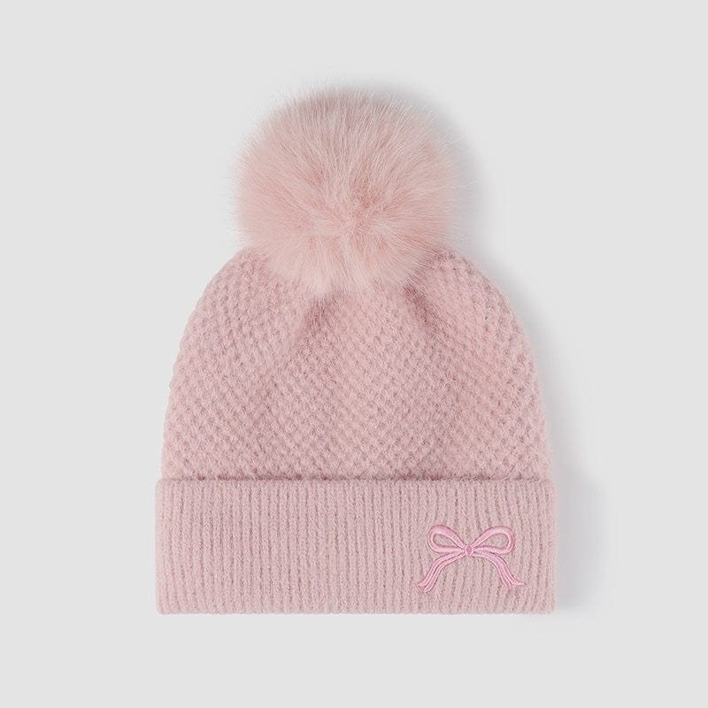 Thermal Bow Knit Hat with Pompom - Trendsi