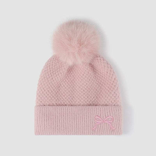 Thermal Bow Knit Hat with Pompom - Trendsi - Flyclothing LLC