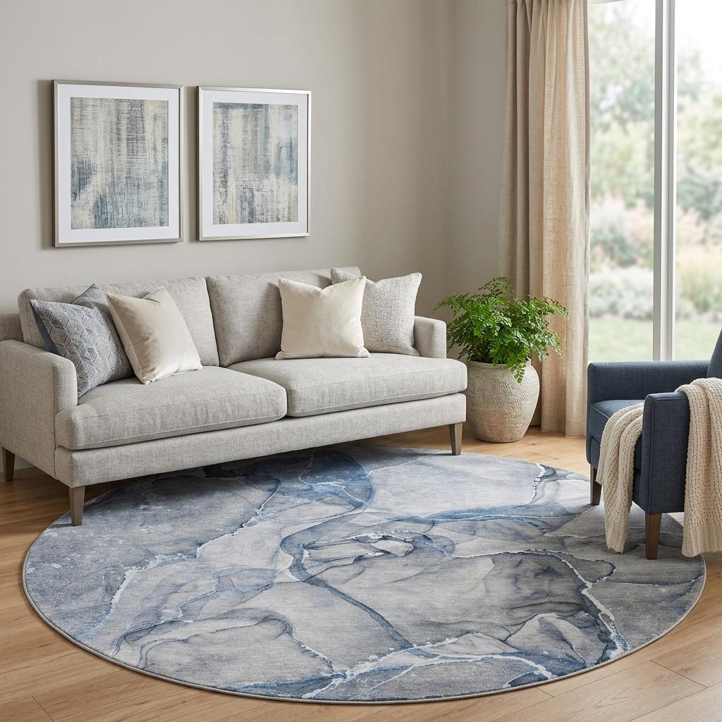 8' Blue And Gray Abstract Shag Washable Round Rug With UV Protection - HomeRoots - Flyclothing LLC