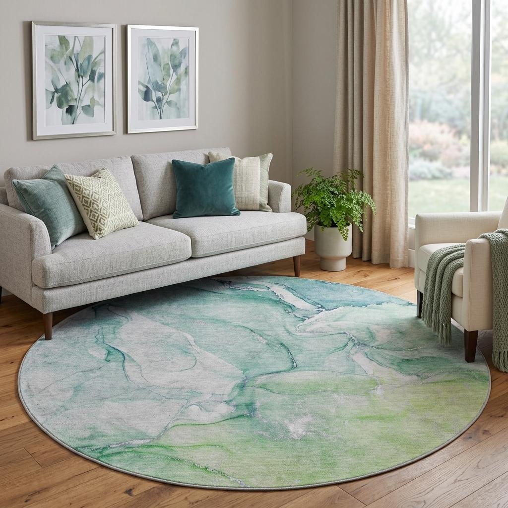 8' Green And Teal Abstract Shag Washable Round Rug With UV Protection - HomeRoots - Flyclothing LLC