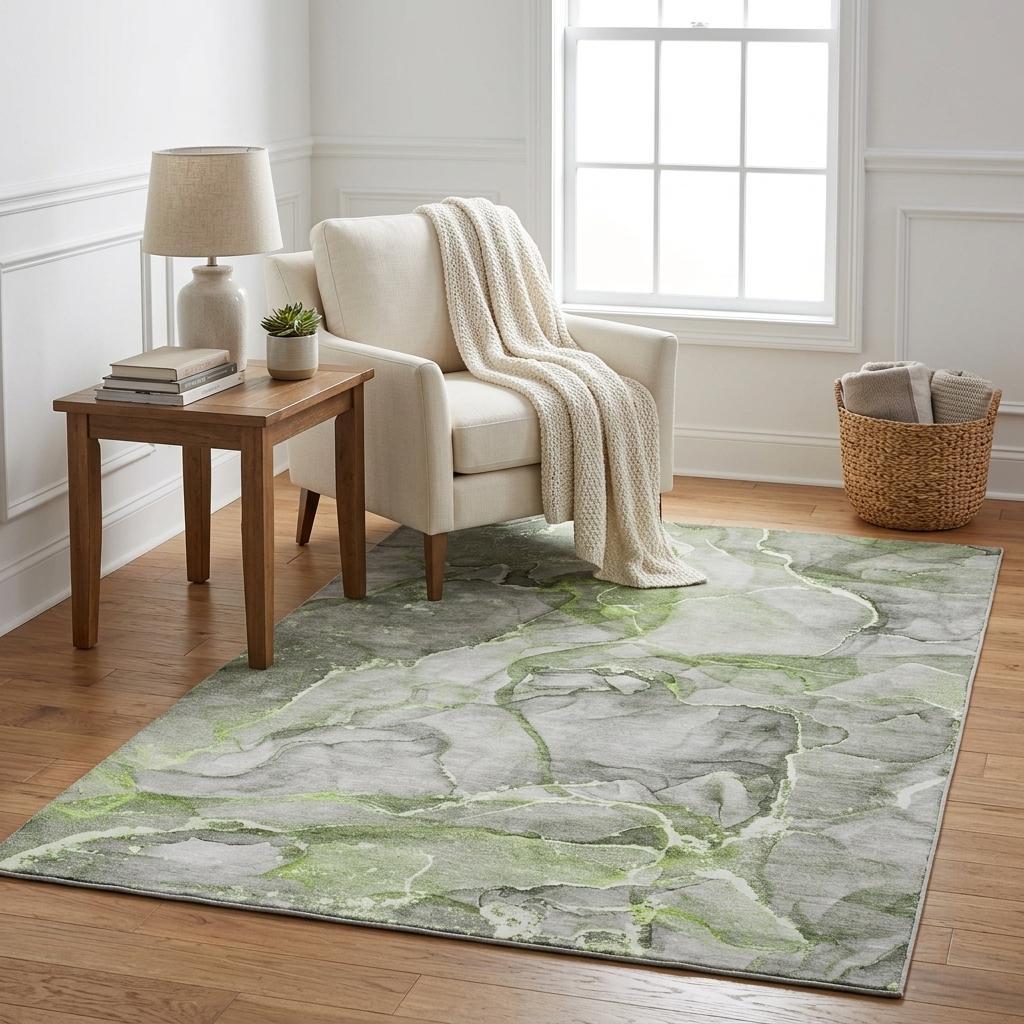 5' X 8' Green And Lime Green Abstract Shag Washable Area Rug With UV Protection - HomeRoots - Flyclothing LLC