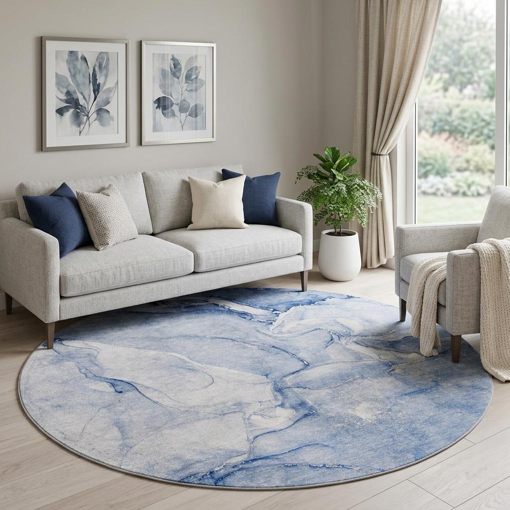 8' Navy Blue And Blue Abstract Shag Washable Round Rug With UV Protection - HomeRoots - Flyclothing LLC