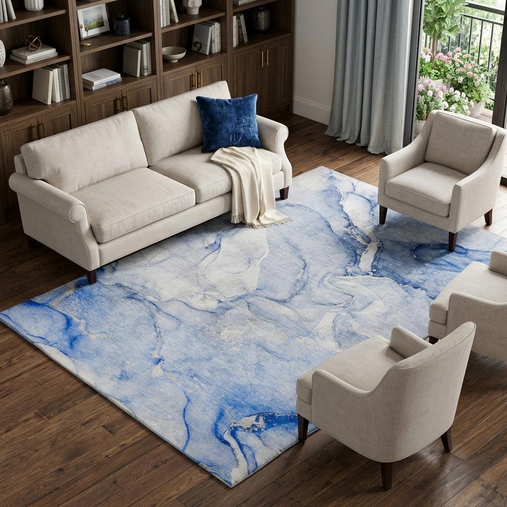 9' X 12' Navy Blue And Blue Abstract Shag Washable Area Rug With UV Protection - HomeRoots - Flyclothing LLC