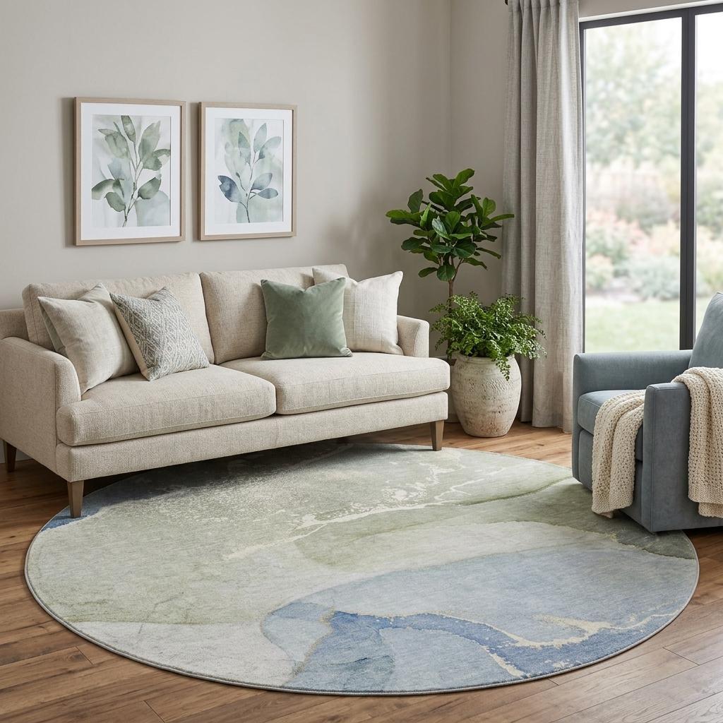 8' Blue And Denim Blue Abstract Shag Washable Round Rug With UV Protection - HomeRoots - Flyclothing LLC