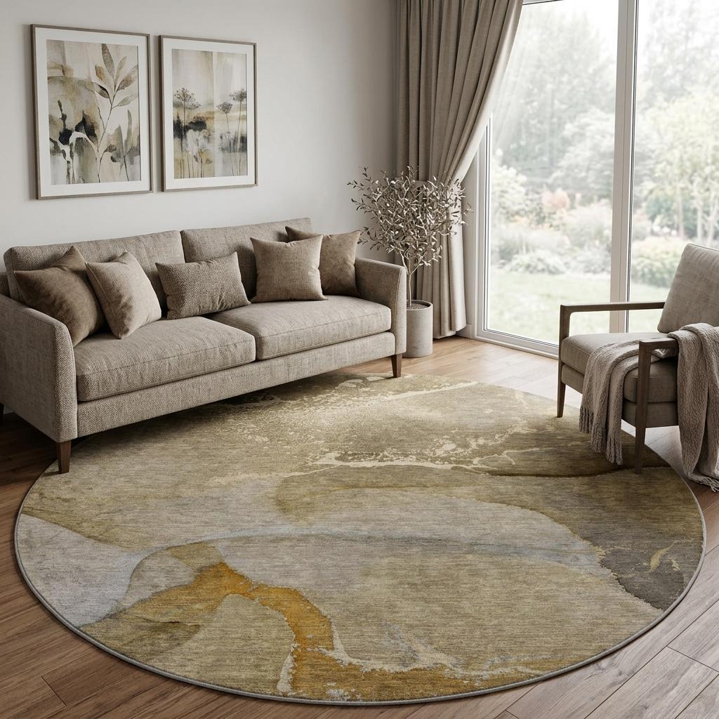 8' Brown And Taupe Abstract Shag Washable Round Rug With UV Protection - HomeRoots - Flyclothing LLC