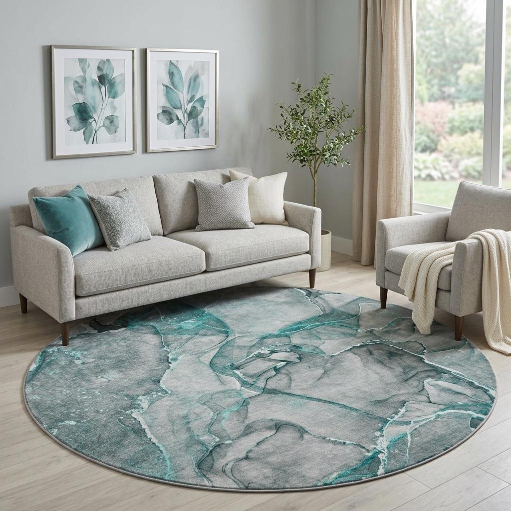8' Teal And Gray Abstract Shag Washable Round Rug With UV Protection - HomeRoots - Flyclothing LLC