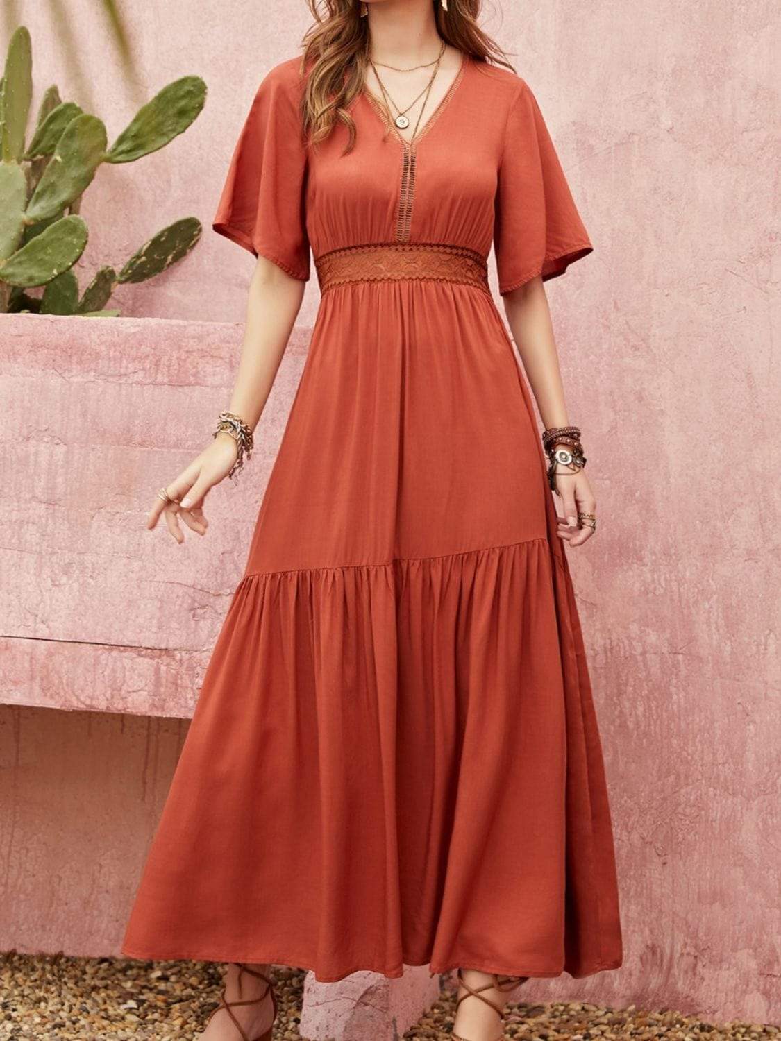 Lace Detail V-Neck Half Sleeve Midi Dress - Trendsi - Flyclothing LLC