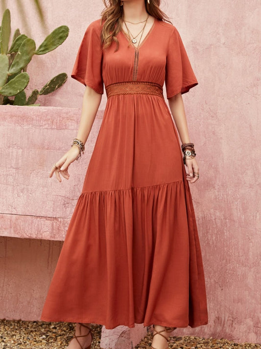 Lace Detail V-Neck Half Sleeve Midi Dress - Trendsi