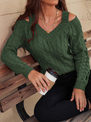 Honey Cable-Knit V-Neck Cold Shoulder Sweater - Trendsi
