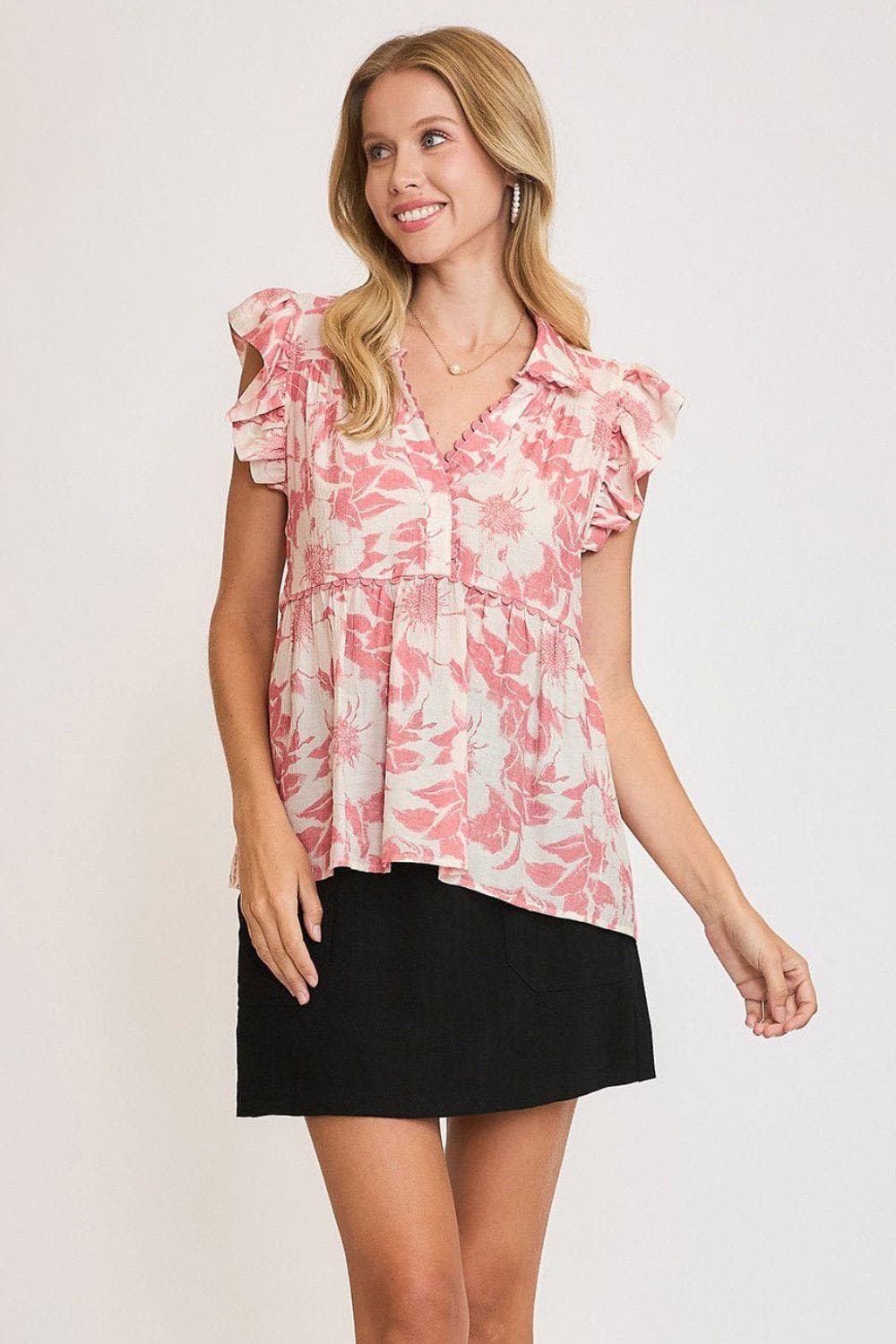 Umgee Full Size Botanical Print Babydoll Top Plus Size - Trendsi