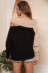 Asymmetrical Long Sleeve Two-Tone Cutout Sweater - Trendsi - Flyclothing LLC
