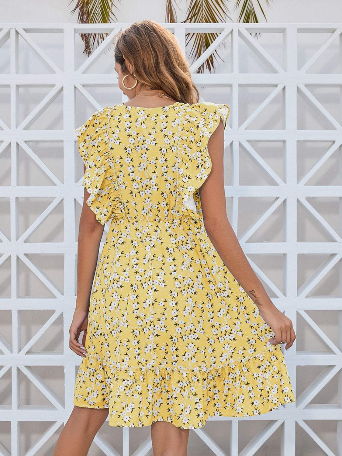 Ruffled Ditsy Floral Surplice Mini Dress - Trendsi - Flyclothing LLC