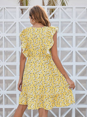 Ruffled Ditsy Floral Surplice Mini Dress - Trendsi