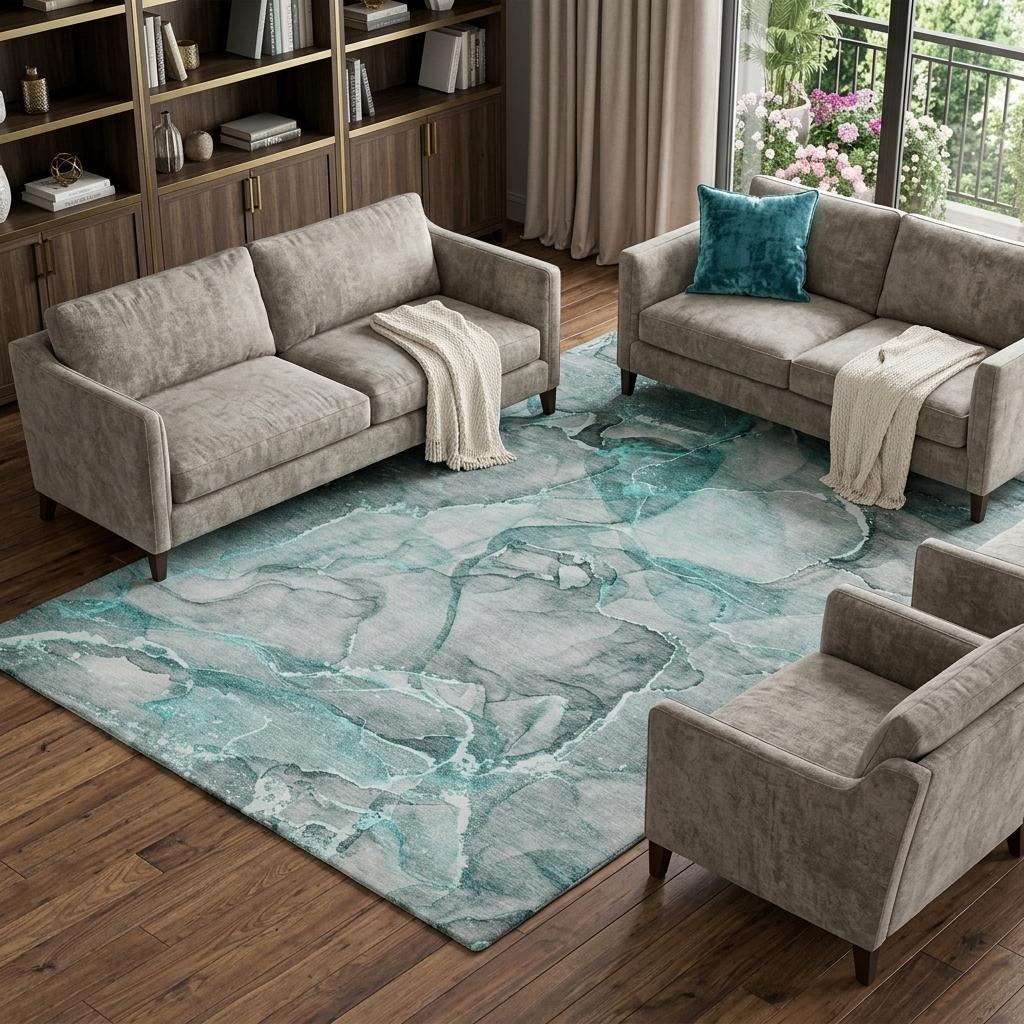 9' X 12' Teal And Gray Abstract Shag Washable Area Rug With UV Protection - HomeRoots - Flyclothing LLC