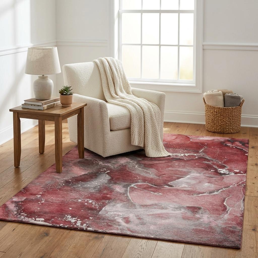5' X 8' Merlot And Burgundy Abstract Shag Washable Area Rug With UV Protection - HomeRoots - Flyclothing LLC