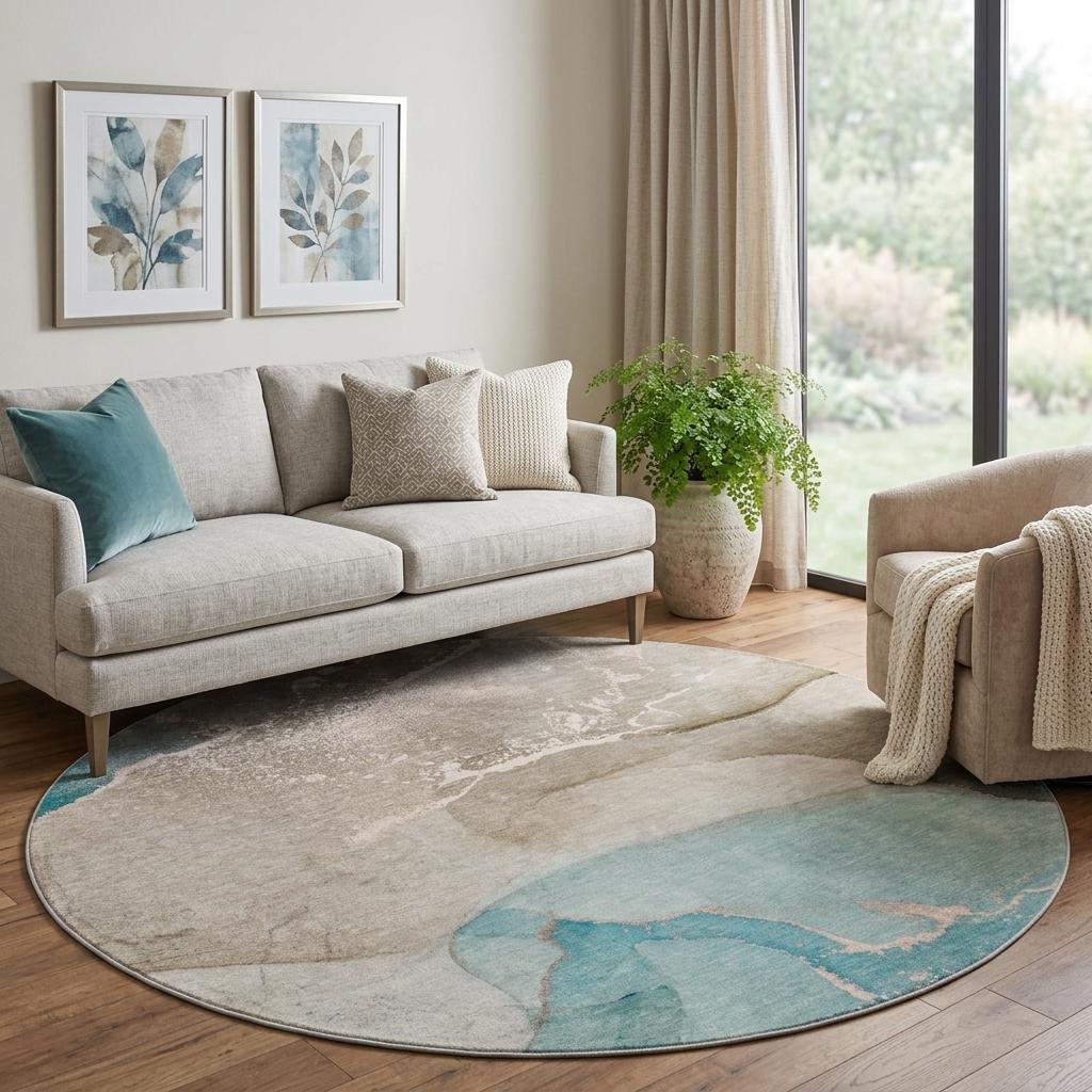 8' Teal And Taupe Abstract Shag Washable Round Rug With UV Protection - HomeRoots - Flyclothing LLC