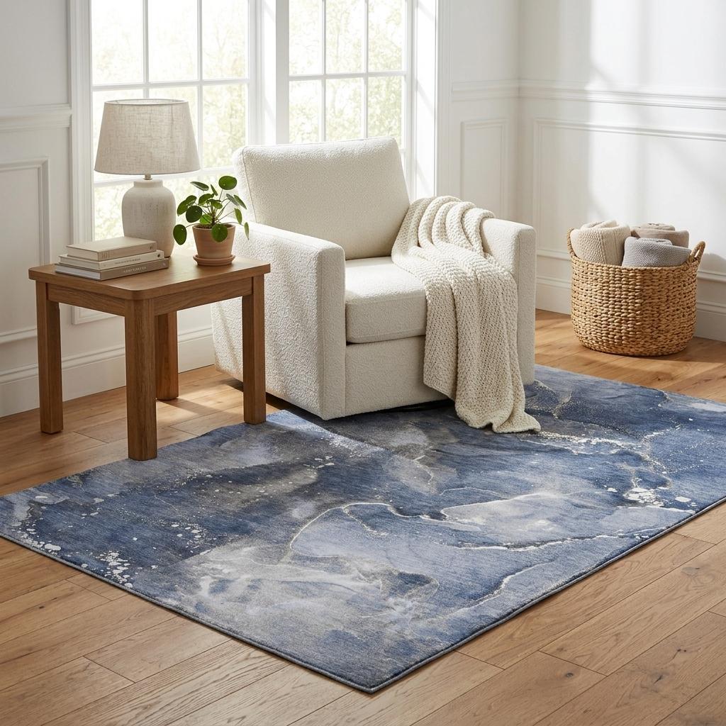 5' X 8' Navy Blue And Blue Abstract Shag Washable Area Rug With UV Protection - HomeRoots - Flyclothing LLC