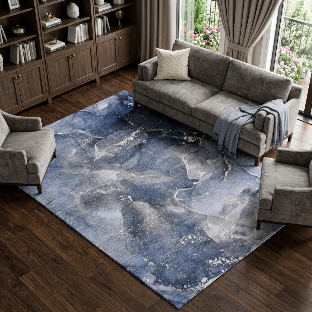 8' X 10' Navy Blue And Blue Abstract Shag Washable Area Rug With UV Protection - HomeRoots - Flyclothing LLC
