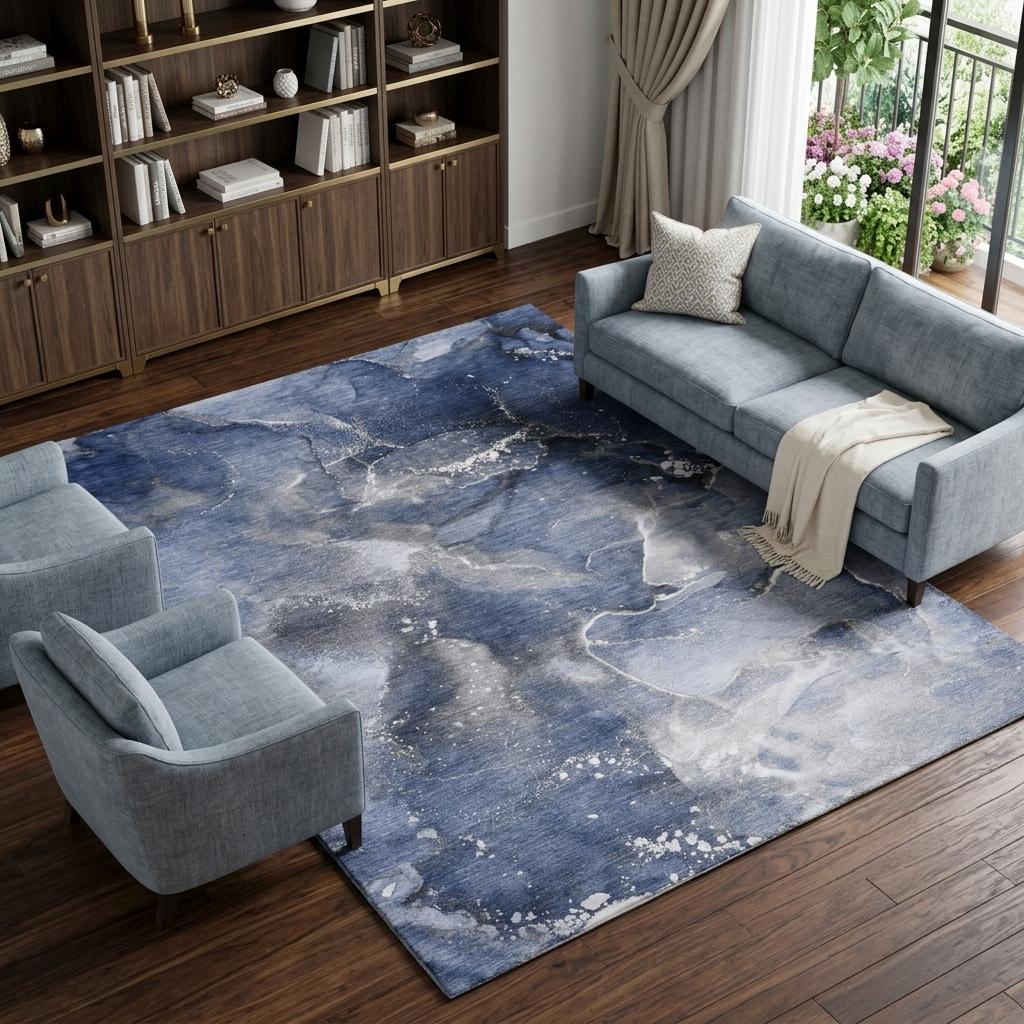 10' X 14' Navy Blue And Blue Abstract Shag Washable Area Rug With UV Protection - HomeRoots - Flyclothing LLC