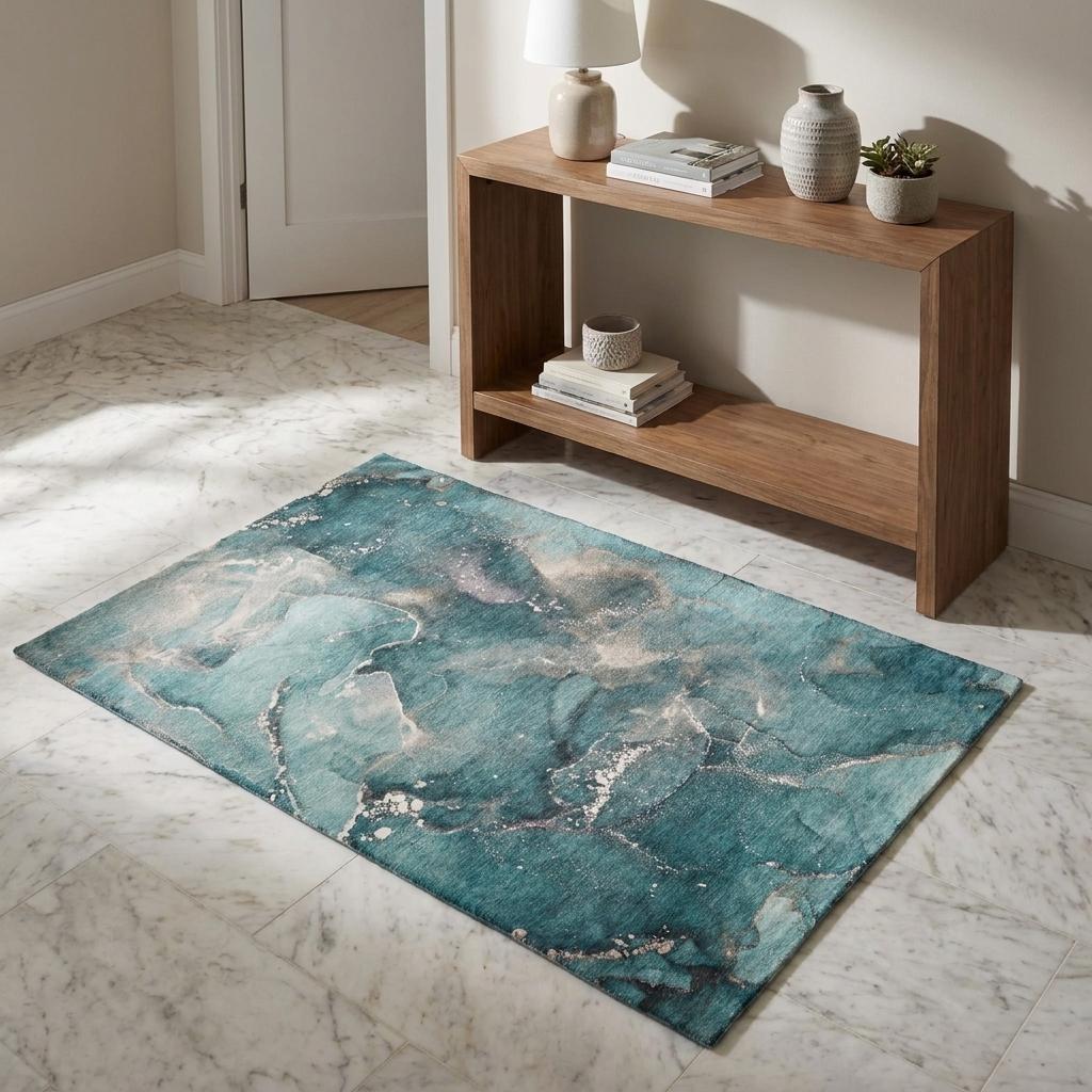 3' X 5' Teal And Aqua Abstract Shag Washable Area Rug With UV Protection - HomeRoots - Flyclothing LLC