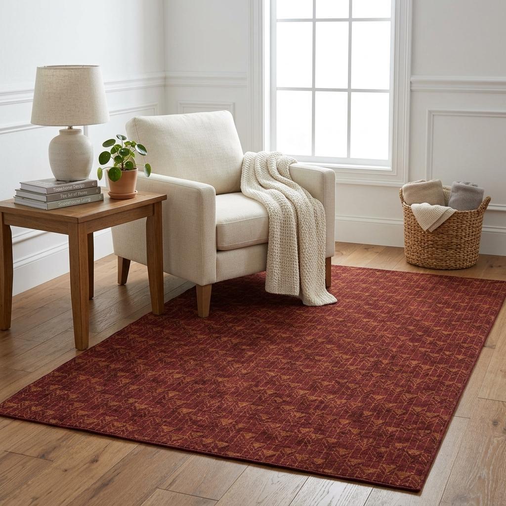 5' X 8' Burgundy And Gold Geometric Shag Washable Area Rug With UV Protection - HomeRoots - Flyclothing LLC