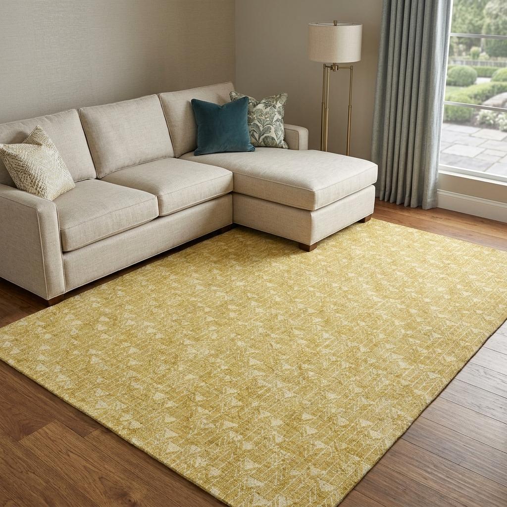 9' X 12' Gold And Beige Geometric Shag Washable Area Rug With UV Protection - HomeRoots - Flyclothing LLC