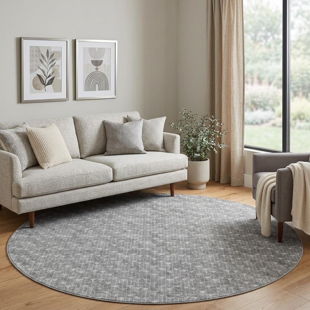 8' Gray And Silver Geometric Shag Washable Round Rug With UV Protection - HomeRoots - Flyclothing LLC