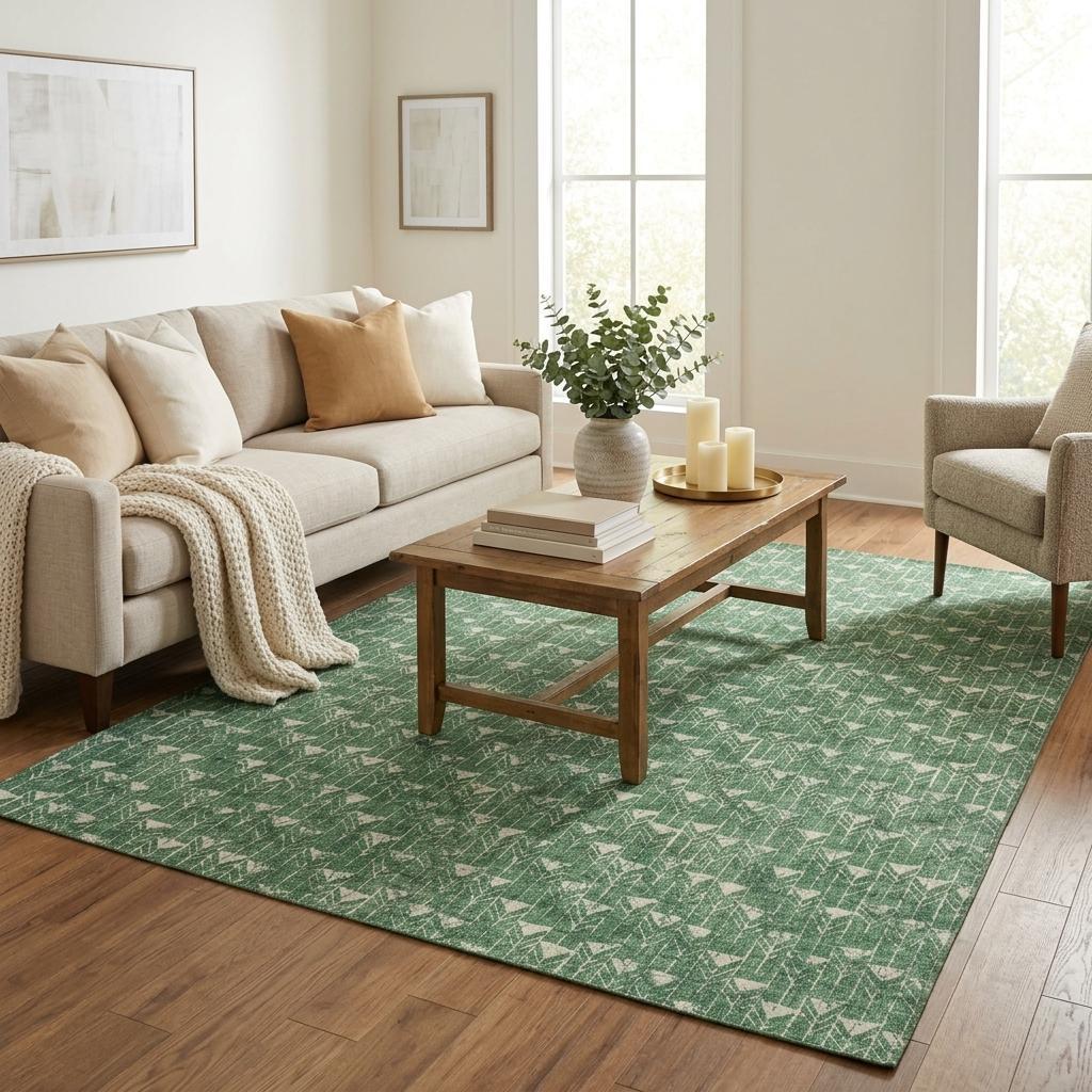 5' X 8' Green And Ivory Geometric Shag Washable Area Rug With UV Protection - HomeRoots - Flyclothing LLC