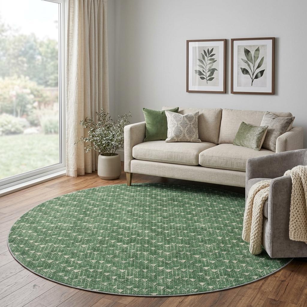 8' Green And Ivory Geometric Shag Washable Round Rug With UV Protection - HomeRoots - Flyclothing LLC