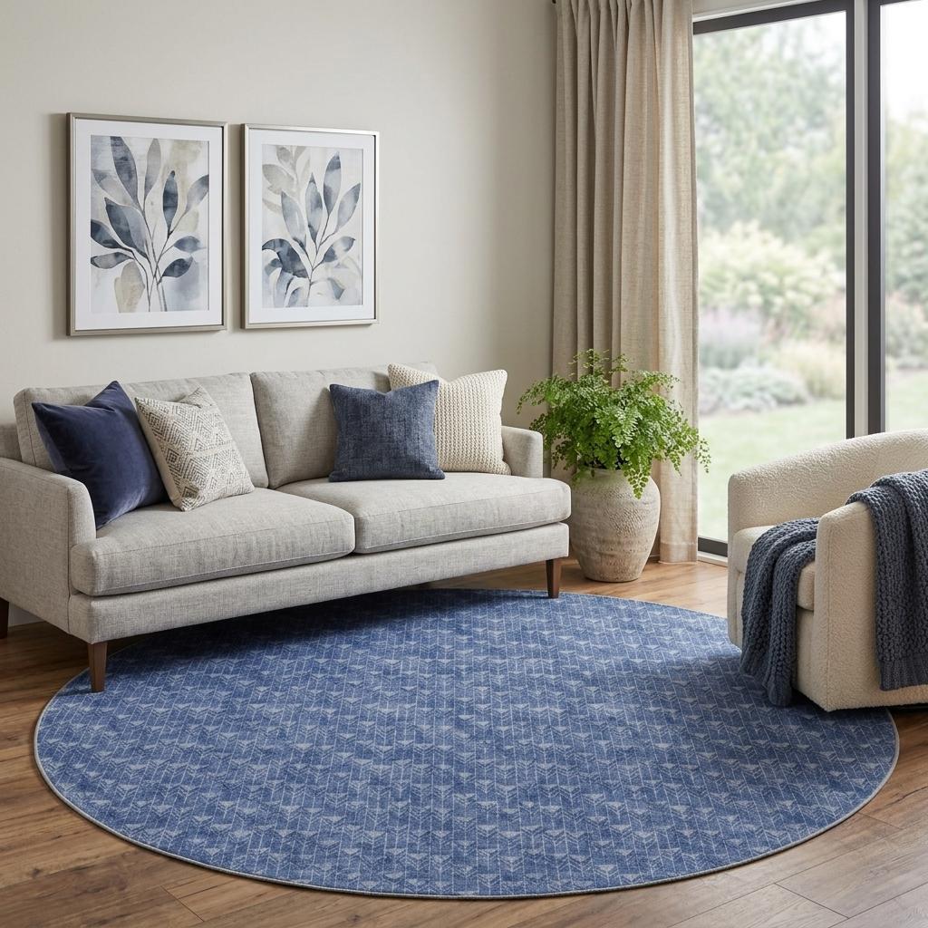 8' Navy Blue And Ivory Geometric Shag Washable Round Rug With UV Protection - HomeRoots - Flyclothing LLC
