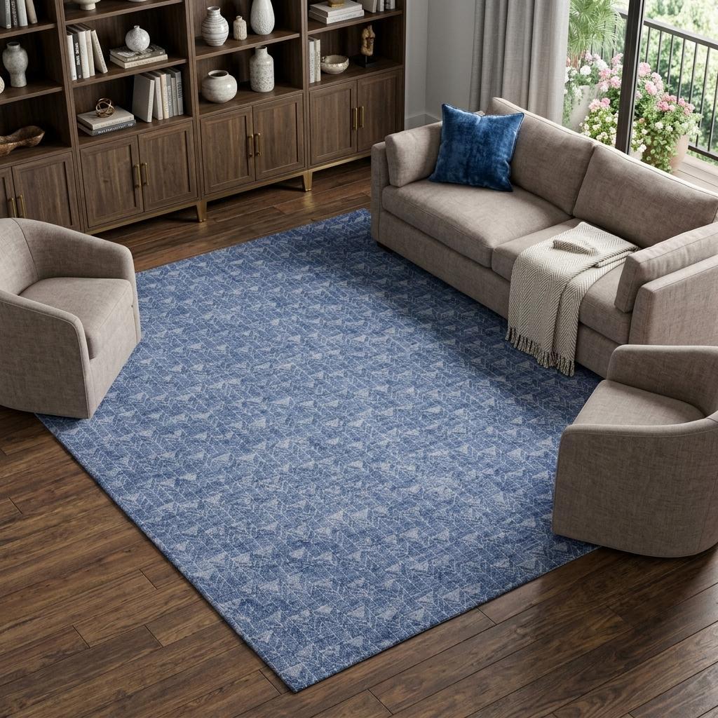 10' X 14' Navy Blue And Ivory Geometric Shag Washable Area Rug With UV Protection - HomeRoots - Flyclothing LLC