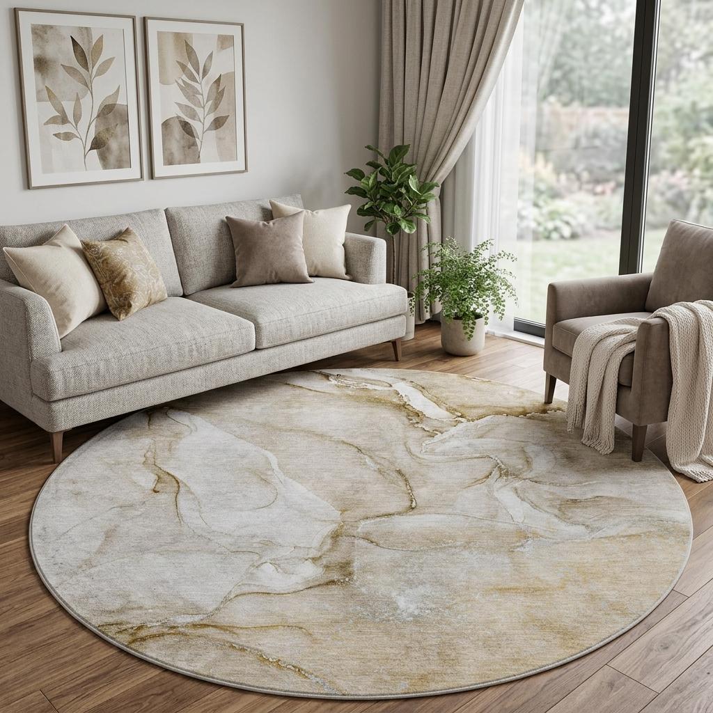 8' Brown And Taupe Abstract Shag Washable Round Rug With UV Protection - HomeRoots - Flyclothing LLC