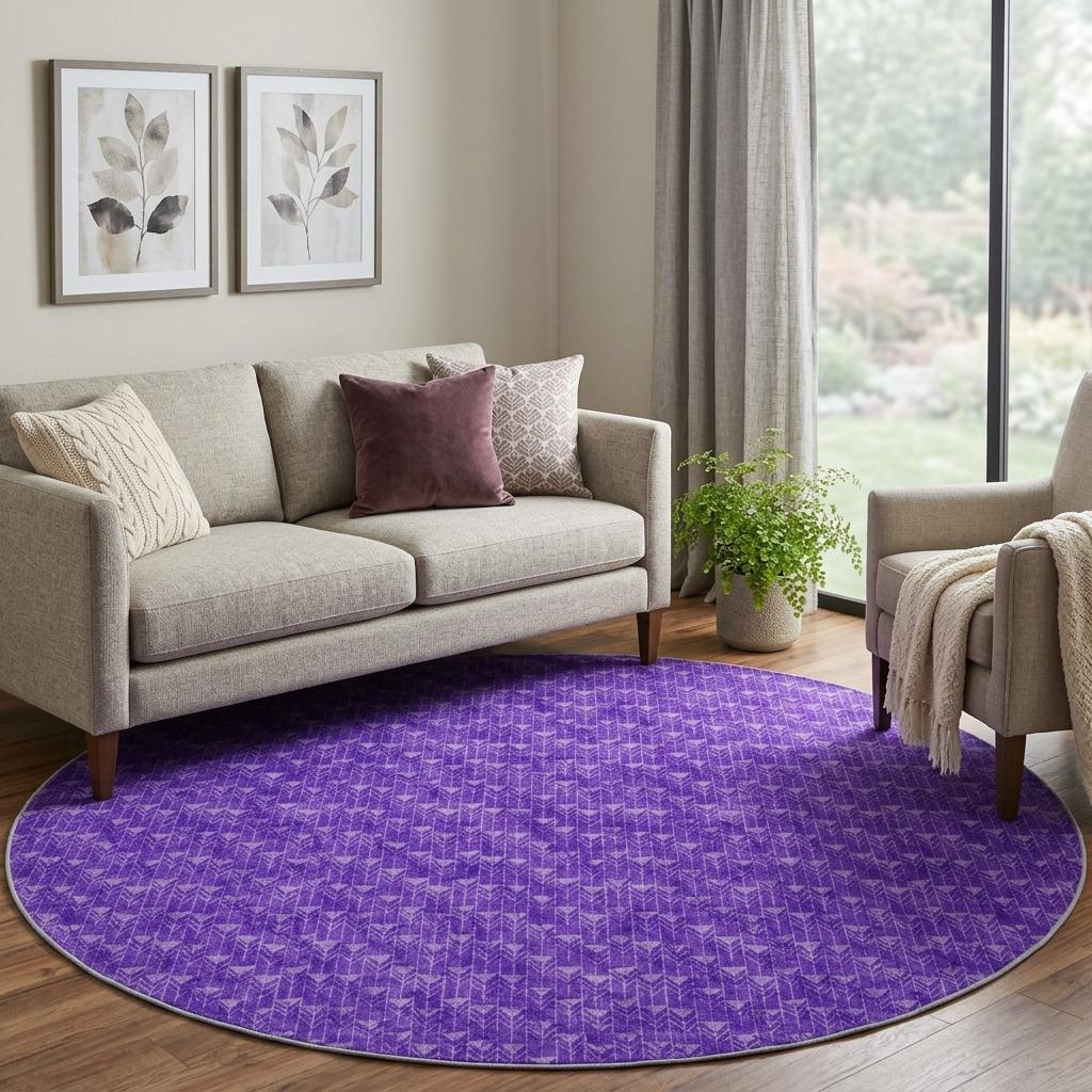 8' Purple And Gray Geometric Shag Washable Round Rug With UV Protection - HomeRoots - Flyclothing LLC