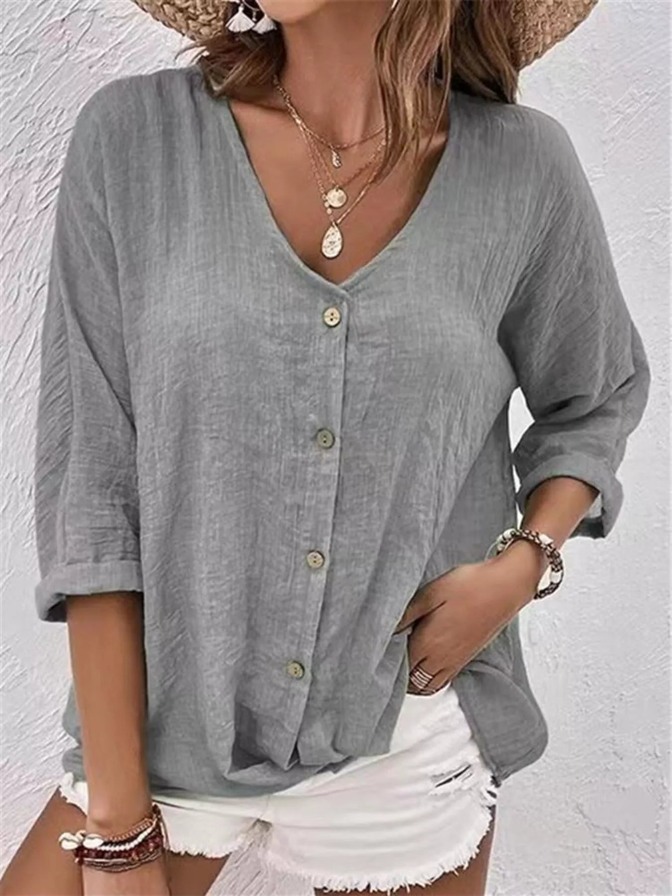 Full Size Casual V-Neck Button-Down Blouse Plus Size - Trendsi - Flyclothing LLC