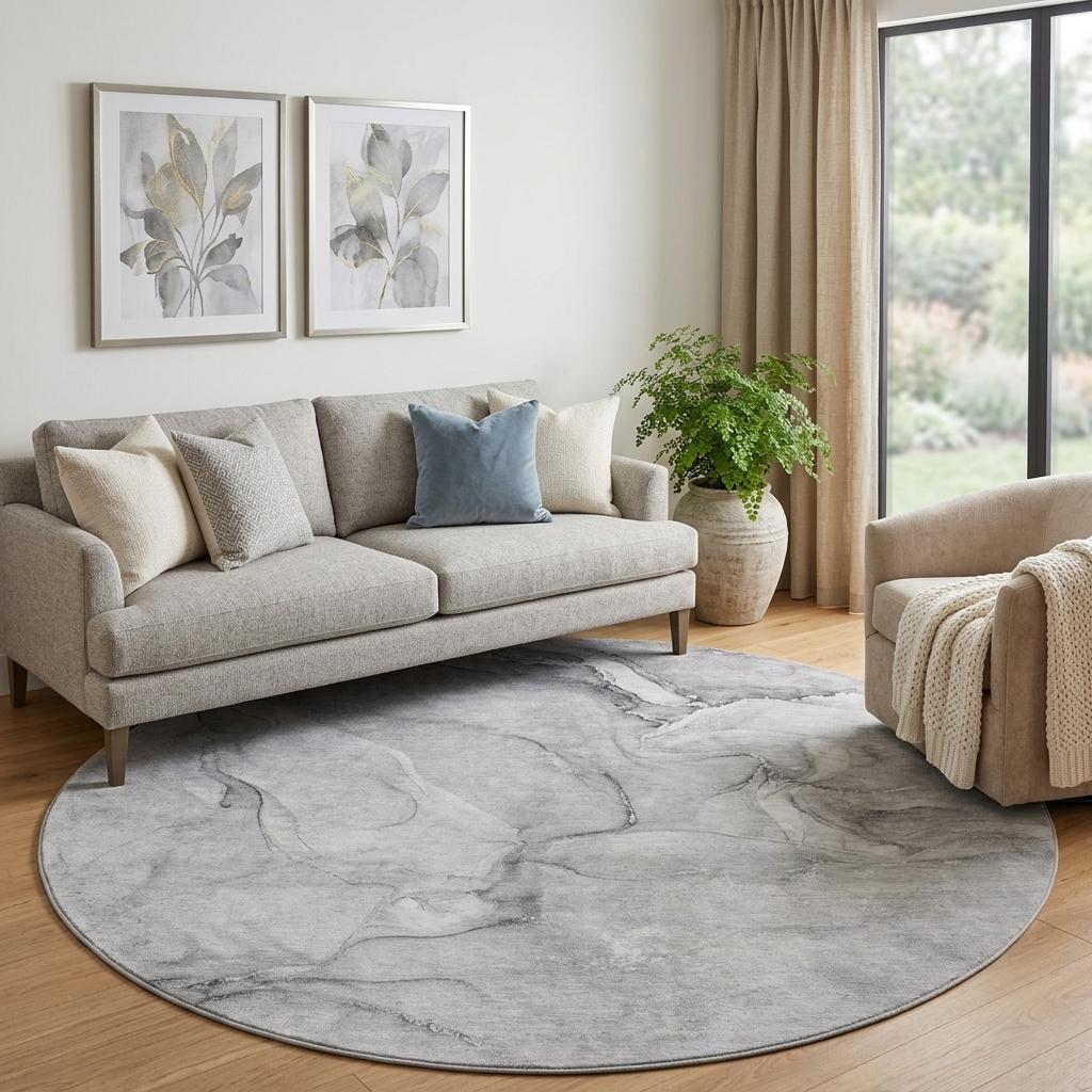8' Gray And Silver Abstract Shag Washable Round Rug With UV Protection - HomeRoots - Flyclothing LLC