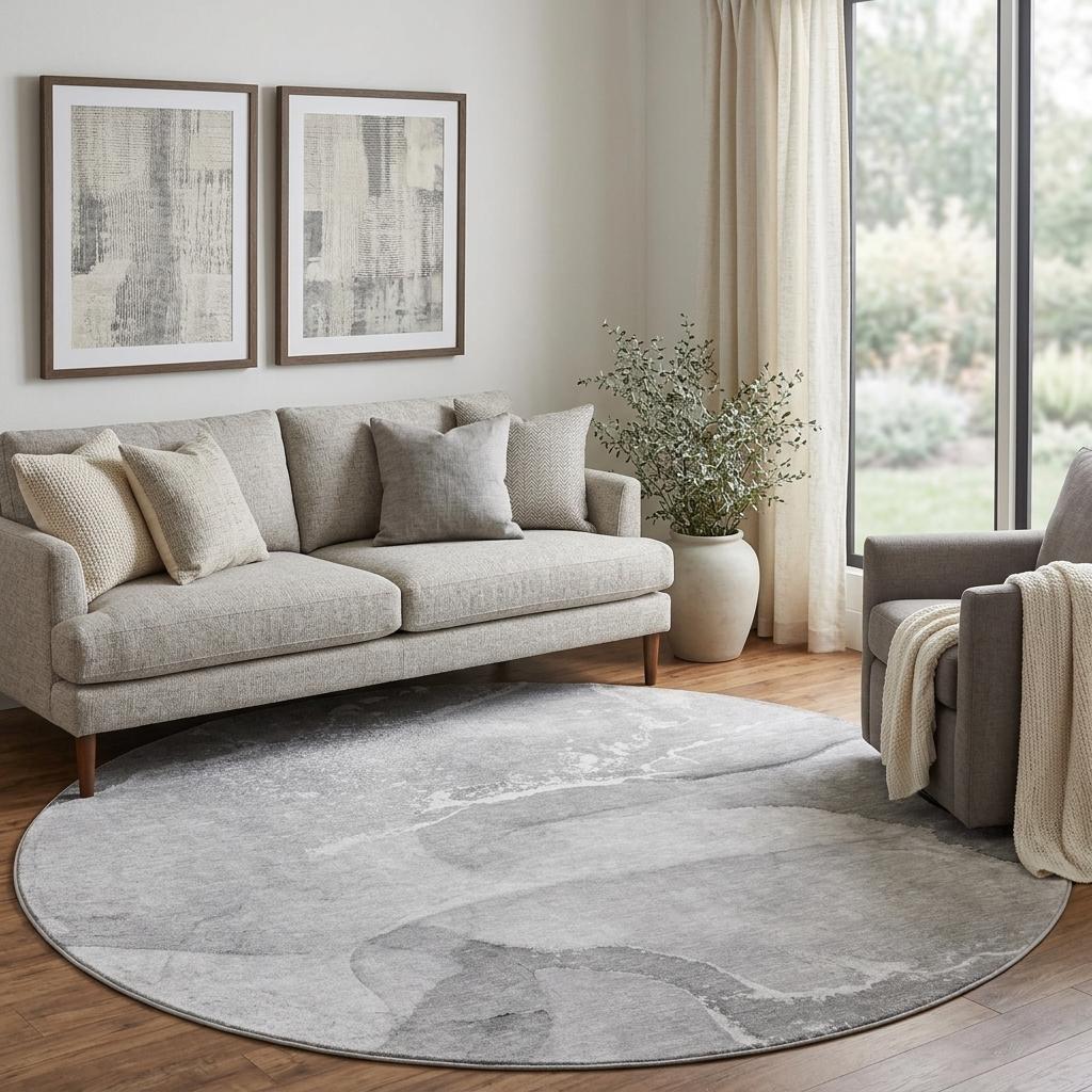 8' Gray And Silver Abstract Shag Washable Round Rug With UV Protection - HomeRoots - Flyclothing LLC