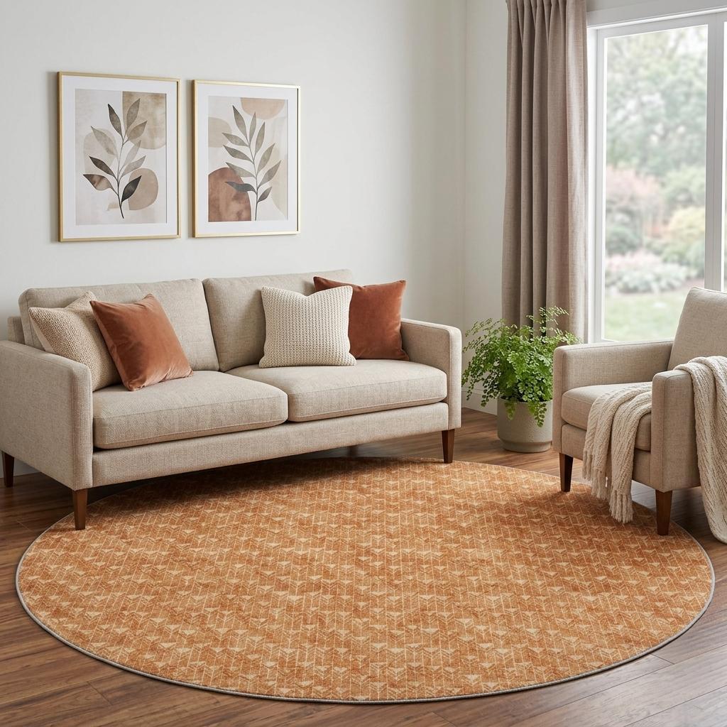 8' Salmon And Beige Geometric Shag Washable Round Rug With UV Protection - HomeRoots - Flyclothing LLC