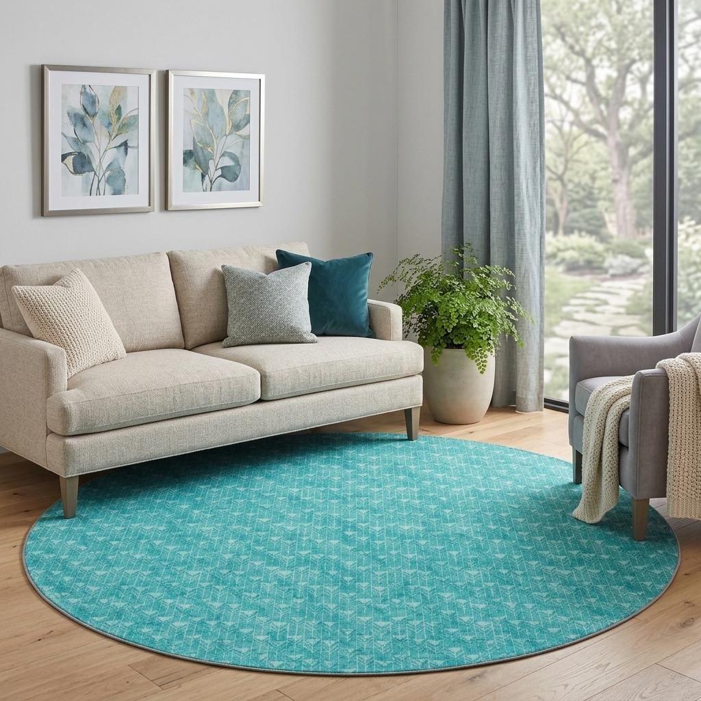 8' Teal And Ivory Geometric Shag Washable Round Rug With UV Protection - HomeRoots - Flyclothing LLC