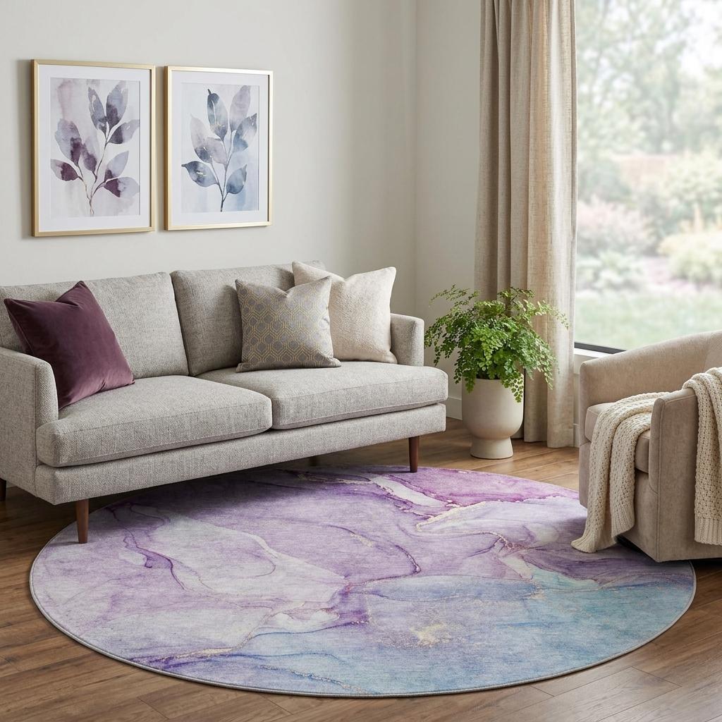 8' Purple And Plum Abstract Shag Washable Round Rug With UV Protection - HomeRoots - Flyclothing LLC