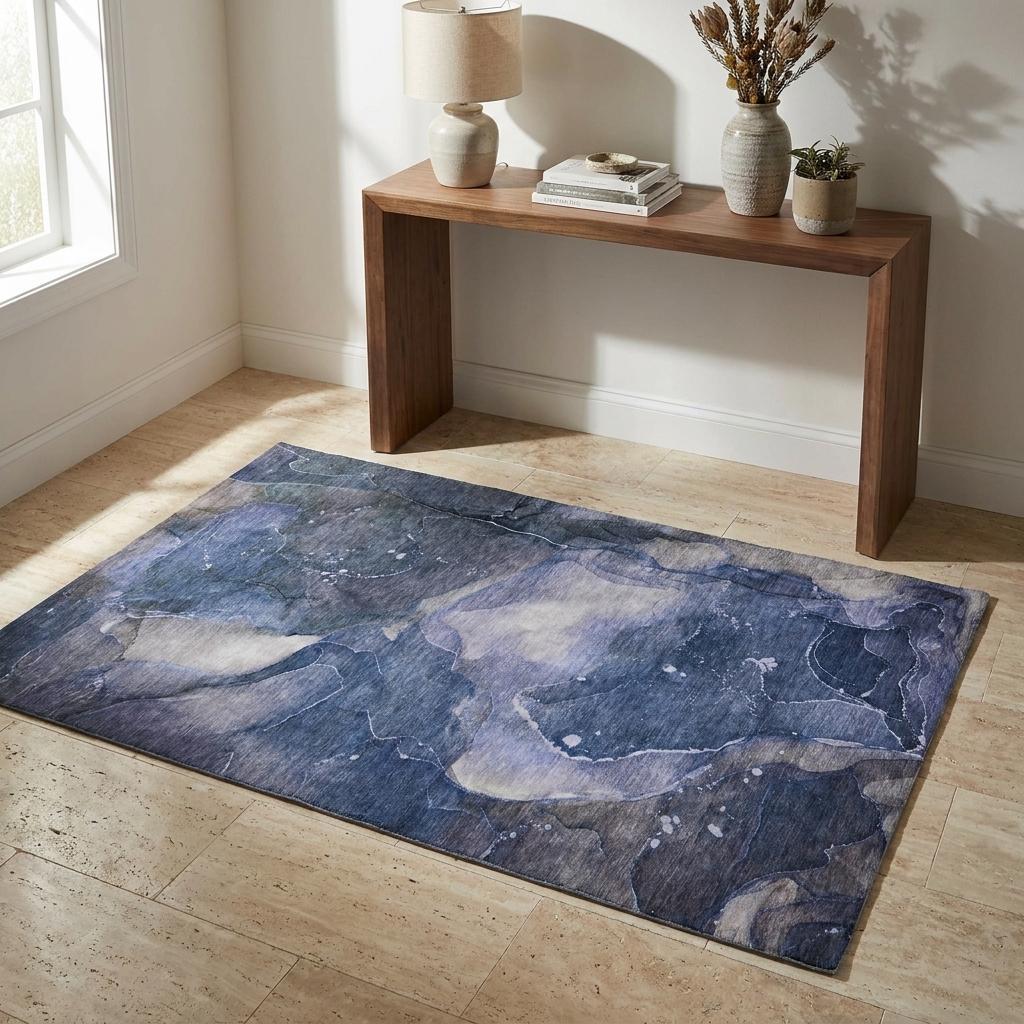 3' X 5' Blue And Navy Blue Abstract Shag Washable Area Rug With UV Protection - HomeRoots - Flyclothing LLC