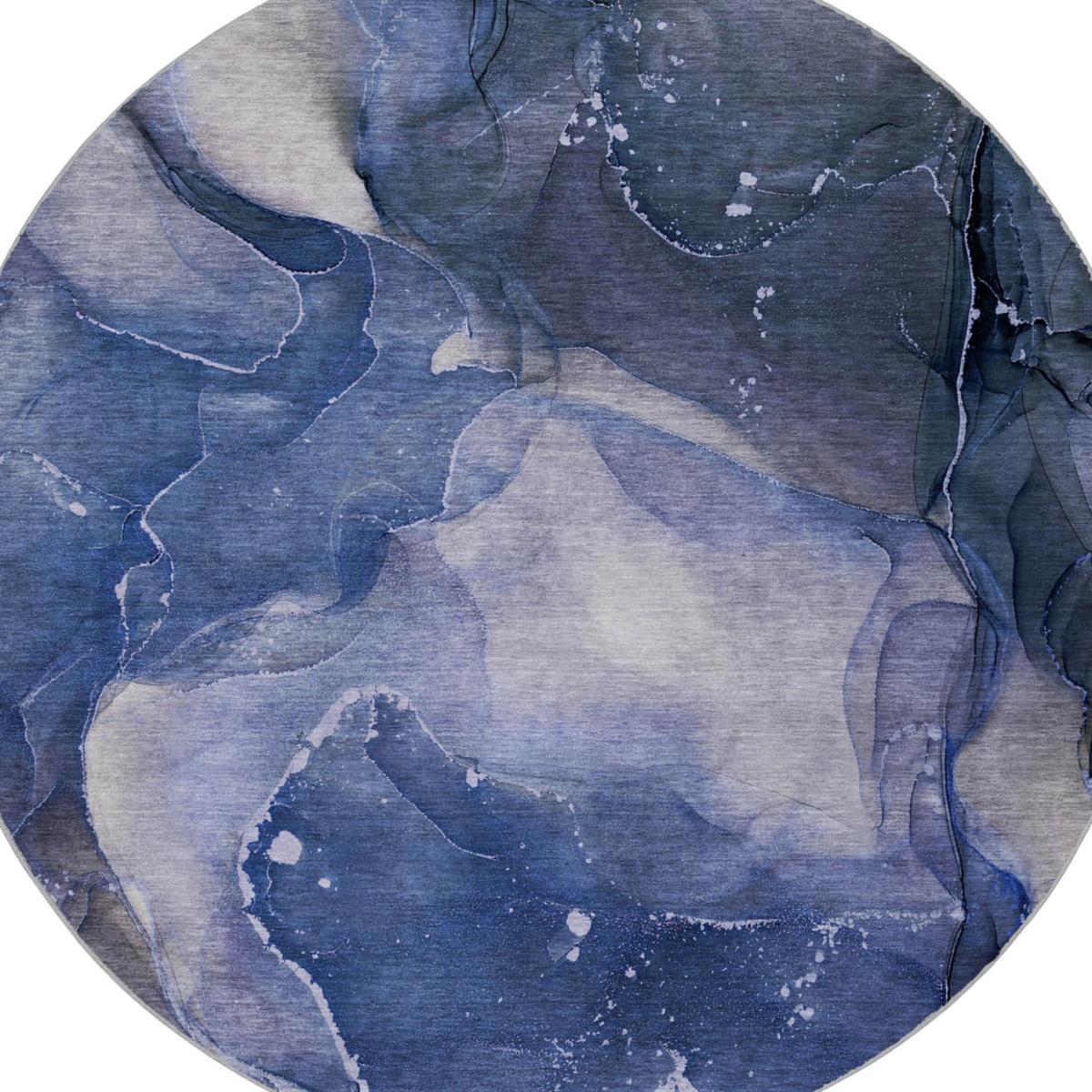 8' Blue And Navy Blue Abstract Shag Washable Round Rug With UV Protection - HomeRoots - Flyclothing LLC