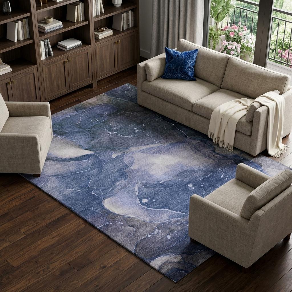 10' X 14' Blue And Navy Blue Abstract Shag Washable Area Rug With UV Protection - HomeRoots - Flyclothing LLC