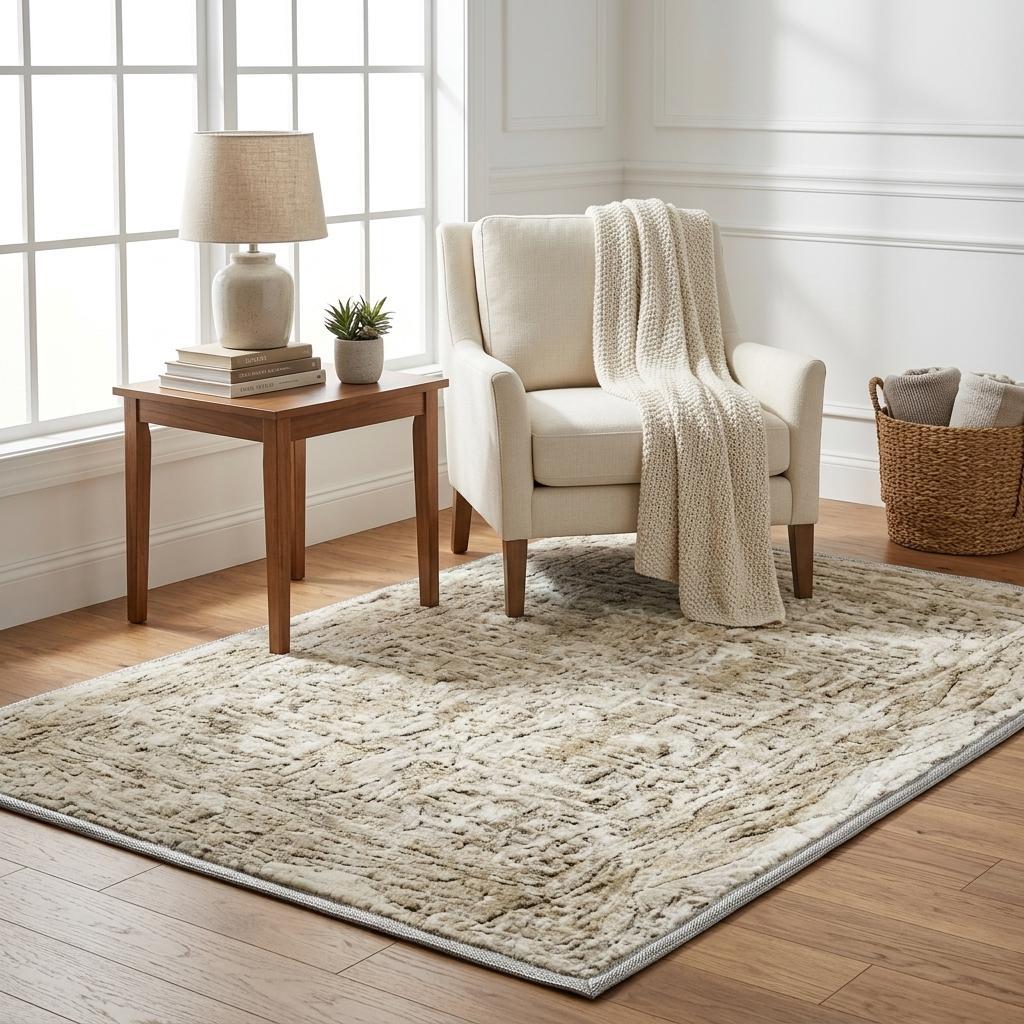 5' X 8' Beige And Taupe Abstract Shag Washable Area Rug With UV Protection - HomeRoots - Flyclothing LLC