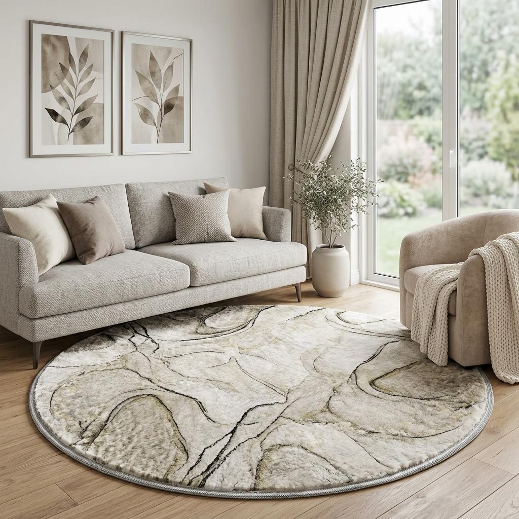 8' Beige And Taupe Abstract Shag Washable Round Rug With UV Protection - HomeRoots - Flyclothing LLC